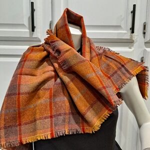 Afonwen Woollen Mill North Wales Plaid Orange Red Brown Women's Scarf